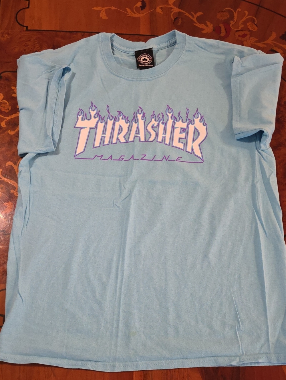 Thrasher Light Blue Tee with Purple Flame Logo